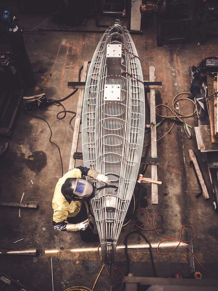 The canoe during fabrication at Dynamic Welding, Moonah