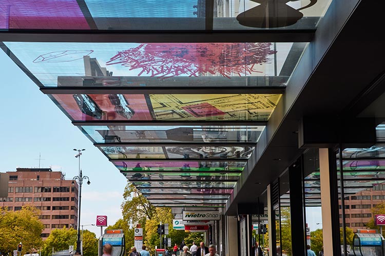 Site Echoes, 2020. Futago with Julie Stoneman. One of three linked public artworks at Movenpick Hotel in Elizabeth Street, Hobart.